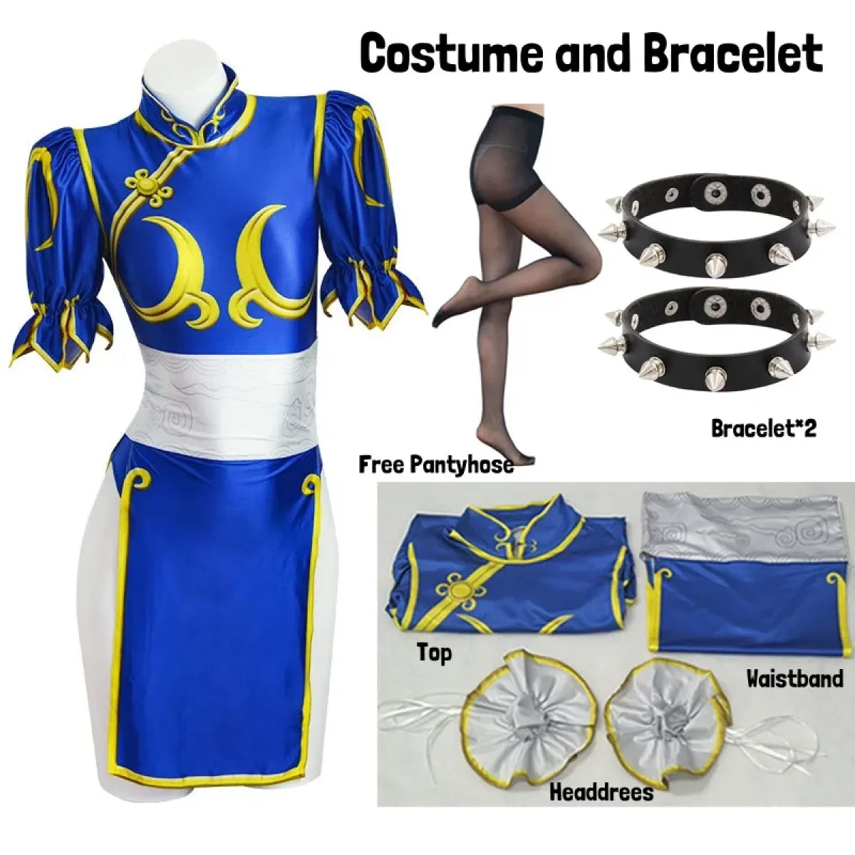 Chun Li Cosplay Costume – Street Fighter Blue Cheongsam Set with Headdress - All Dresses - Sets - 12