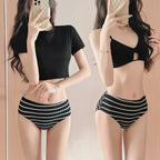 Striped Ribbed 3PC Bikini Set – Crop Top with High Waist Bottoms - Bottoms - Short - Swimwear - 1