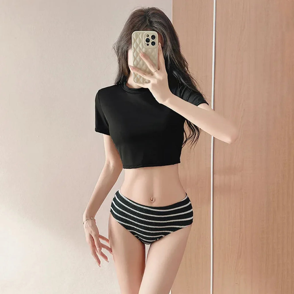 Striped Ribbed 3PC Bikini Set – Crop Top with High Waist Bottoms - Bottoms - Short - Swimwear - 3