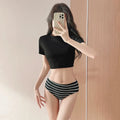 Striped Ribbed 3PC Bikini Set – Crop Top with High Waist Bottoms - Bottoms - Short - Swimwear - 3