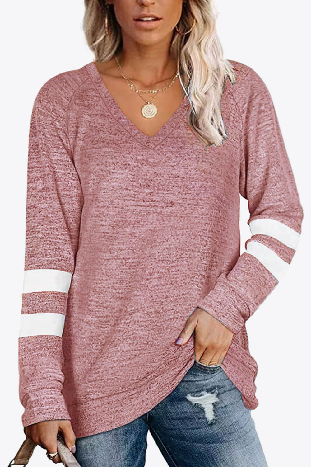 Striped Contrast Raglan Sleeve Top - Pink / S - T-Shirts - Shirts & Tops - 10 - 2024