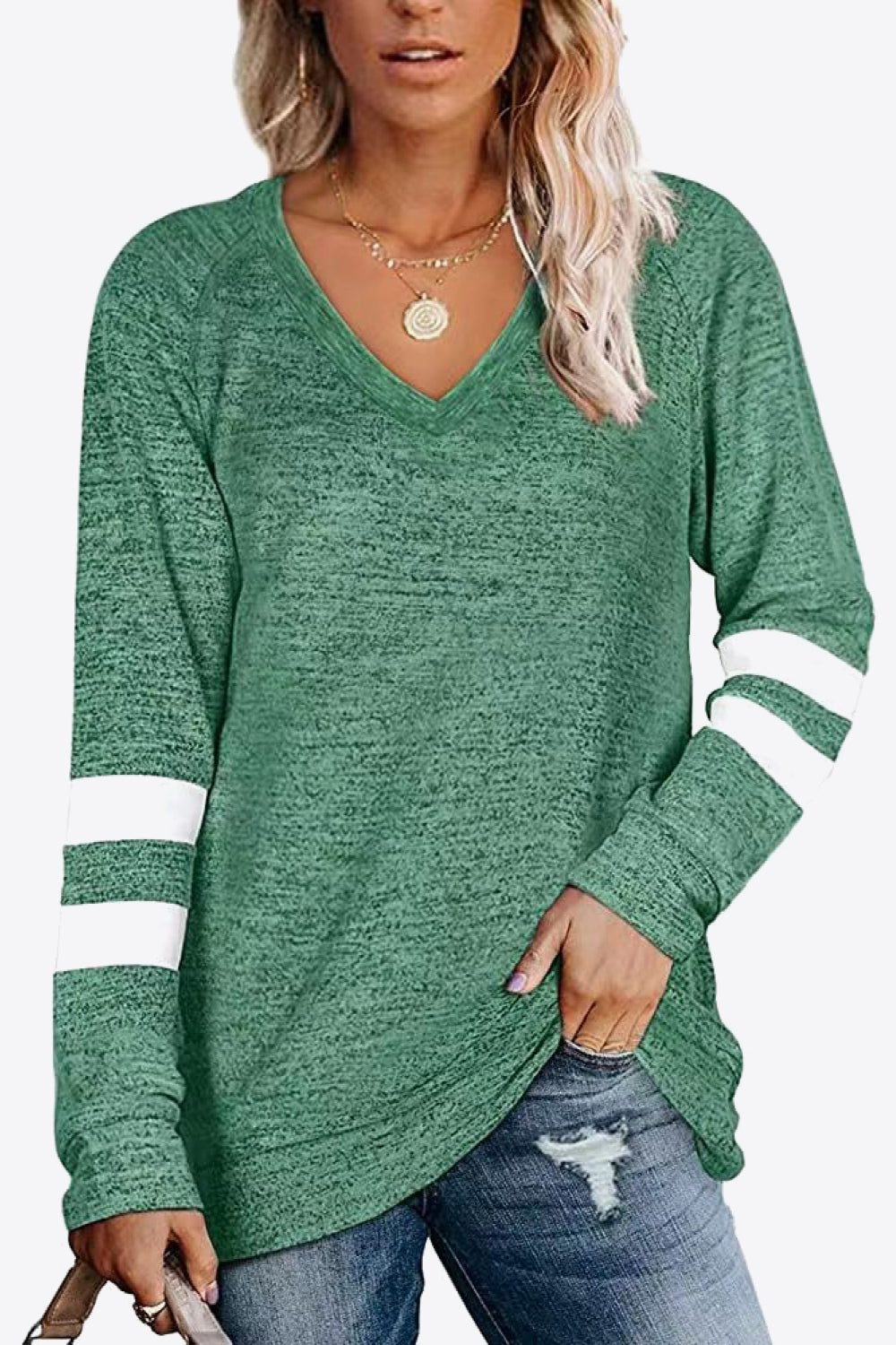 Striped Contrast Raglan Sleeve Top - Green / S - T-Shirts - Shirts & Tops - 13 - 2024