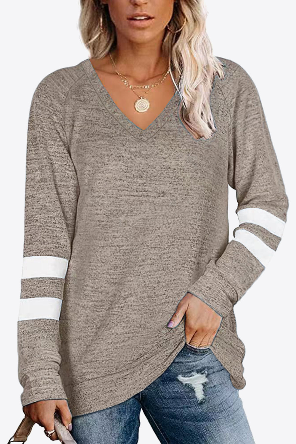 Striped Contrast Raglan Sleeve Top - Khaki / S - T-Shirts - Shirts & Tops - 16 - 2024