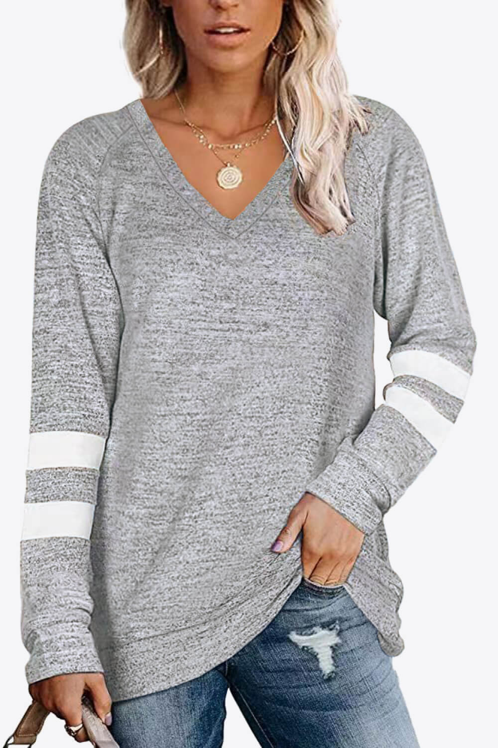 Striped Contrast Raglan Sleeve Top - Light Gray / S - T-Shirts - Shirts & Tops - 19 - 2024