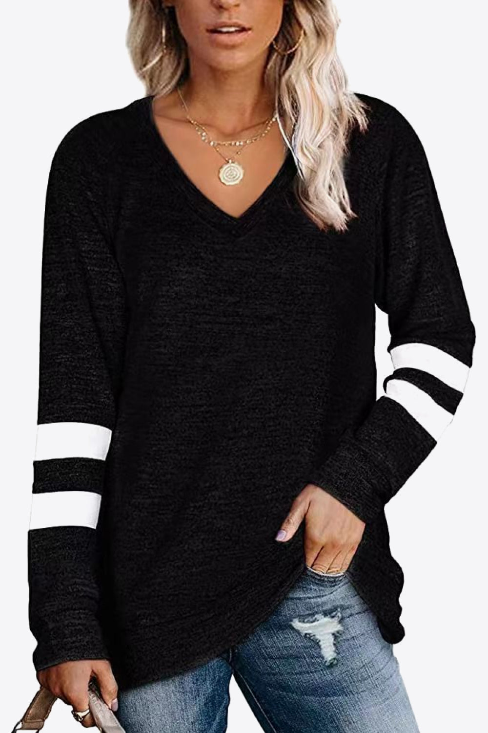 Striped Contrast Raglan Sleeve Top - T-Shirts - Shirts & Tops - 22 - 2024