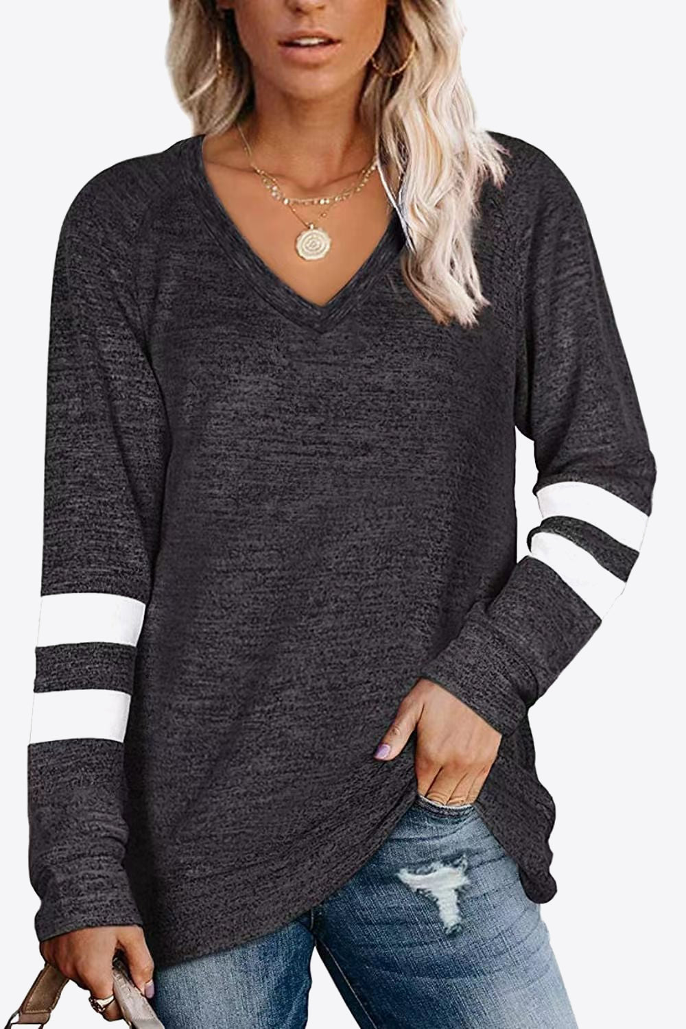 Striped Contrast Raglan Sleeve Top - T-Shirts - Shirts & Tops - 23 - 2024