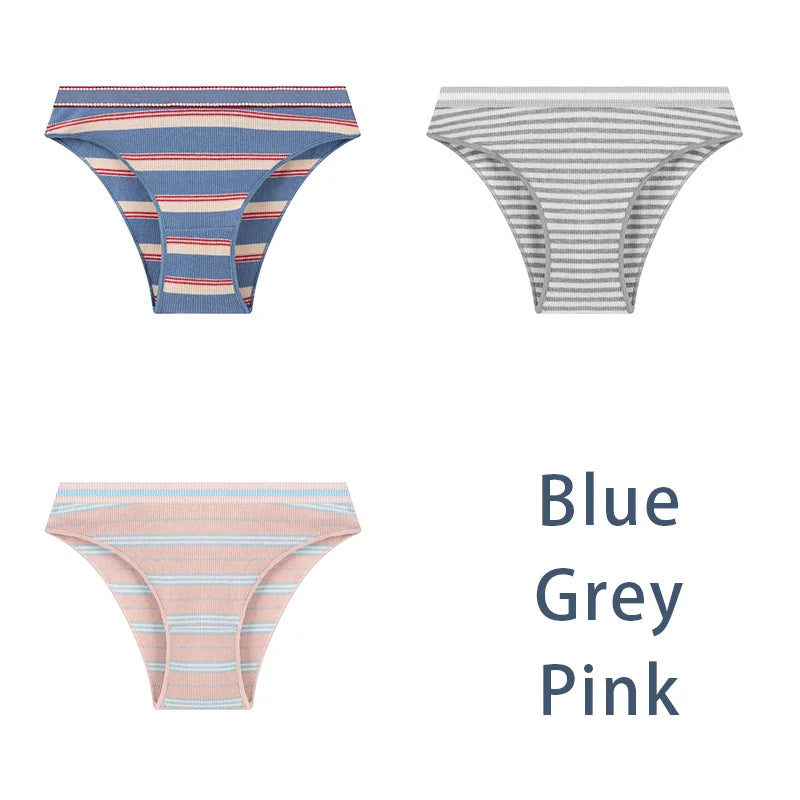 3-Pack Sexy Striped Cotton Panties - Classic Comfort Low Waist Underwear - Blue Grey Pink / M 40-50kg / 3Pcs