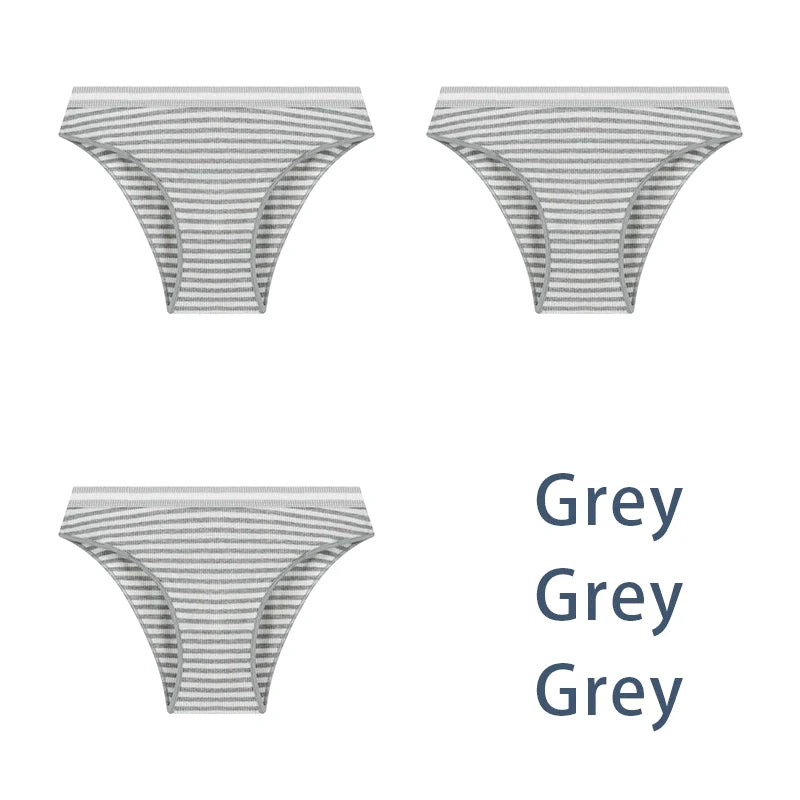 3-Pack Sexy Striped Cotton Panties - Classic Comfort Low Waist Underwear - Gray / M 40-50kg / 3Pcs - Intimates