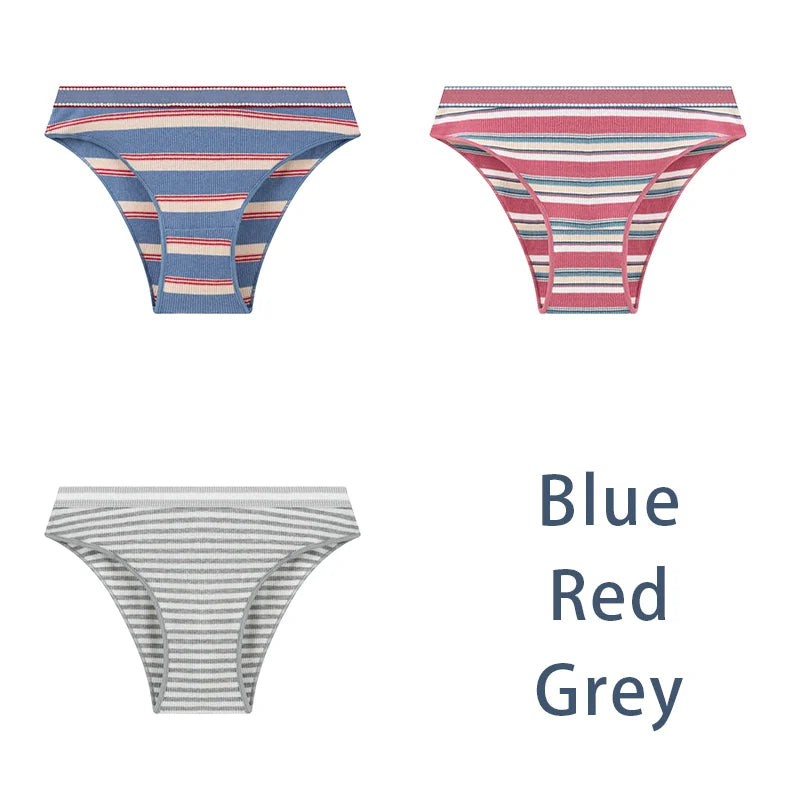 3-Pack Sexy Striped Cotton Panties - Classic Comfort Low Waist Underwear - Blue Red Grey / M 40-50kg / 3Pcs - Intimates