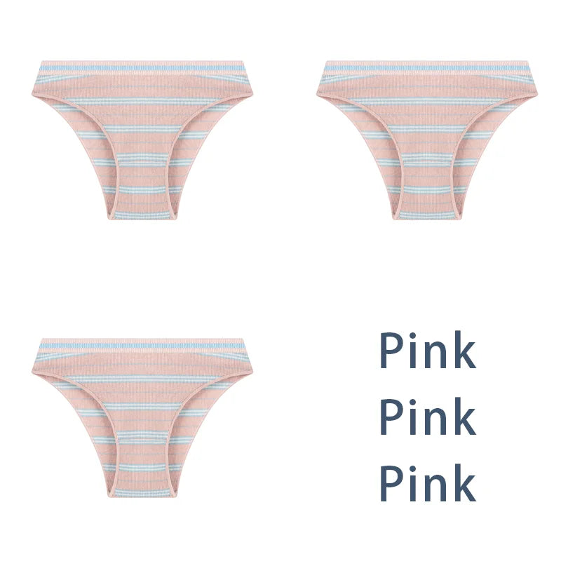 3-Pack Sexy Striped Cotton Panties - Classic Comfort Low Waist Underwear - Pink / M 40-50kg / 3Pcs - Intimates