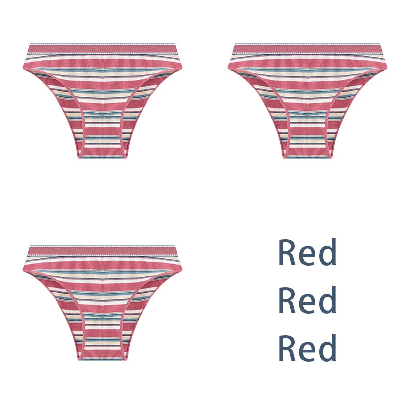 3-Pack Sexy Striped Cotton Panties - Classic Comfort Low Waist Underwear - Red / M 40-50kg / 3Pcs - Intimates