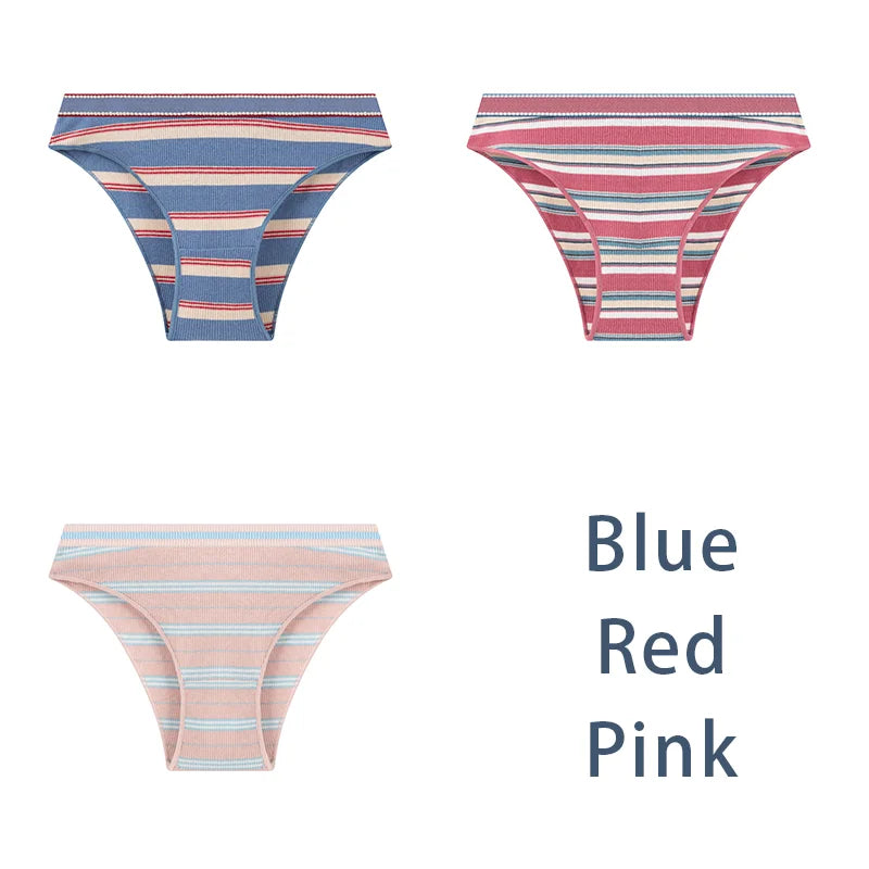 3-Pack Sexy Striped Cotton Panties - Classic Comfort Low Waist Underwear - Blue Red Pink / M 40-50kg / 3Pcs - Intimates