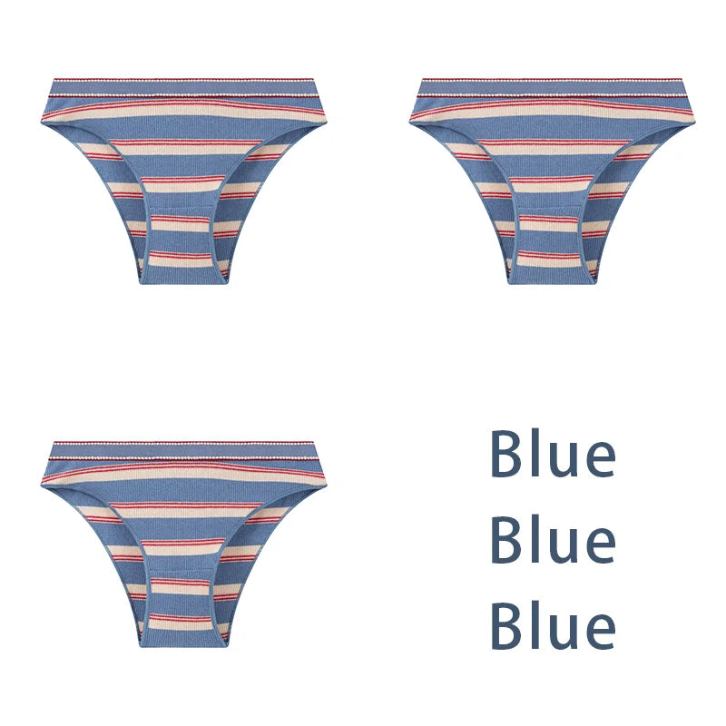 3-Pack Sexy Striped Cotton Panties - Classic Comfort Low Waist Underwear - Blue / M 40-50kg / 3Pcs - Intimates