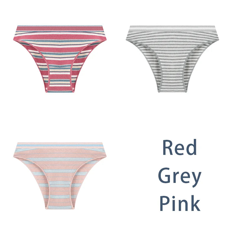 3-Pack Sexy Striped Cotton Panties - Classic Comfort Low Waist Underwear - Red Grey Pink / M 40-50kg / 3Pcs - Intimates