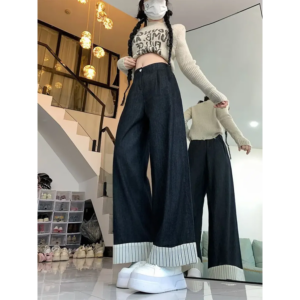 Y2K Patchwork Wide Leg Jeans with Striped Cuffs - Bottoms - Jeans - 1