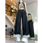 Y2K Patchwork Wide Leg Jeans with Striped Cuffs - Bottoms - Jeans - 3