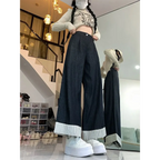Y2K Patchwork Wide Leg Jeans with Striped Cuffs - Bottoms - Jeans - 4