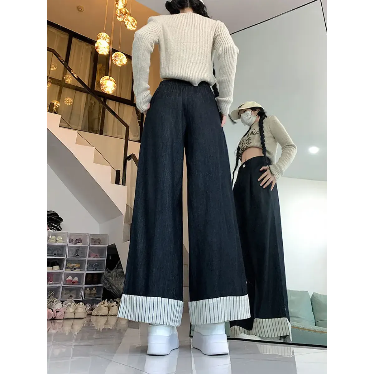 Y2K Patchwork Wide Leg Jeans with Striped Cuffs - Bottoms - Jeans - 5