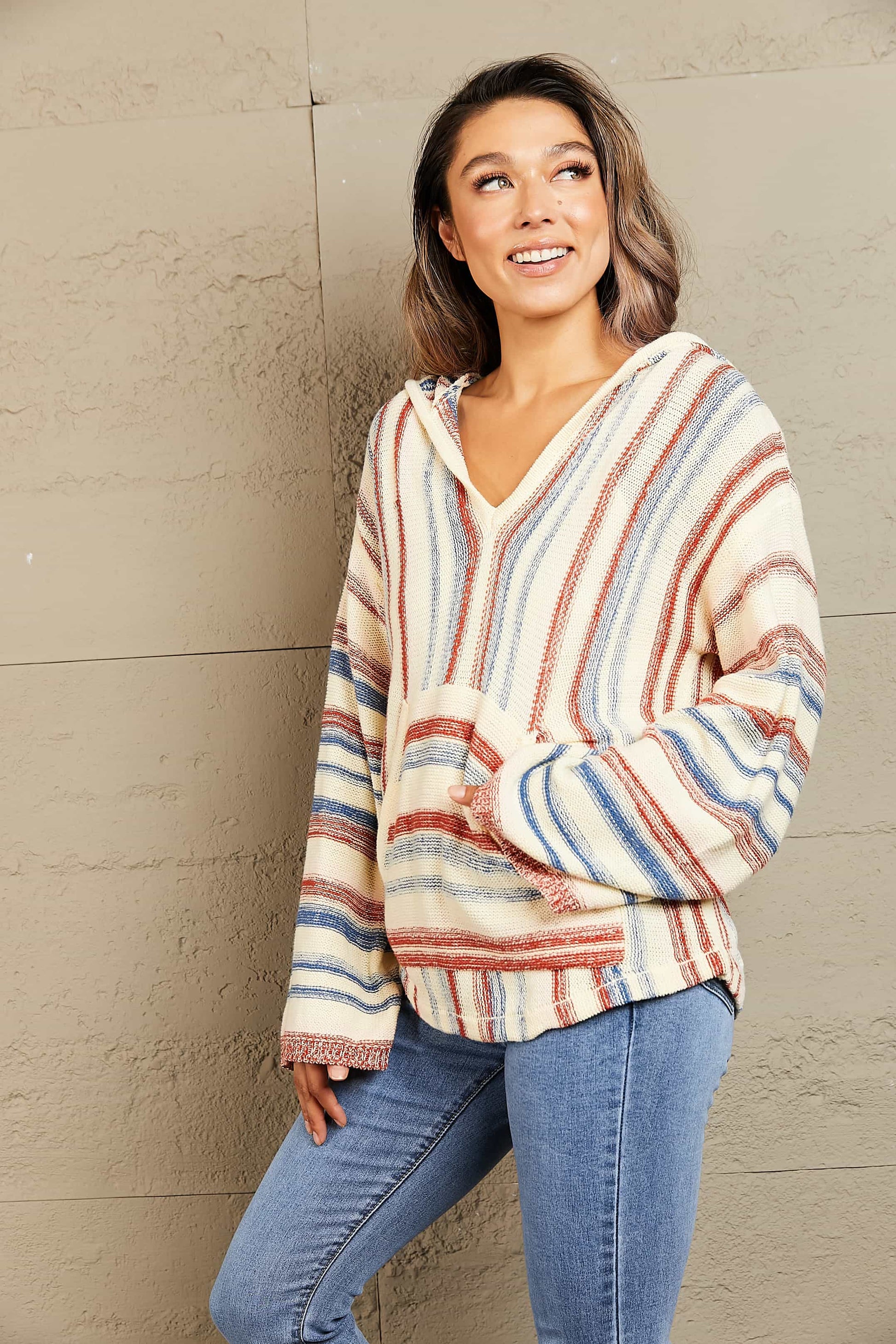 Striped Hooded Sweater with Kangaroo Pocket - Sweaters - Shirts & Tops - 4 - 2024