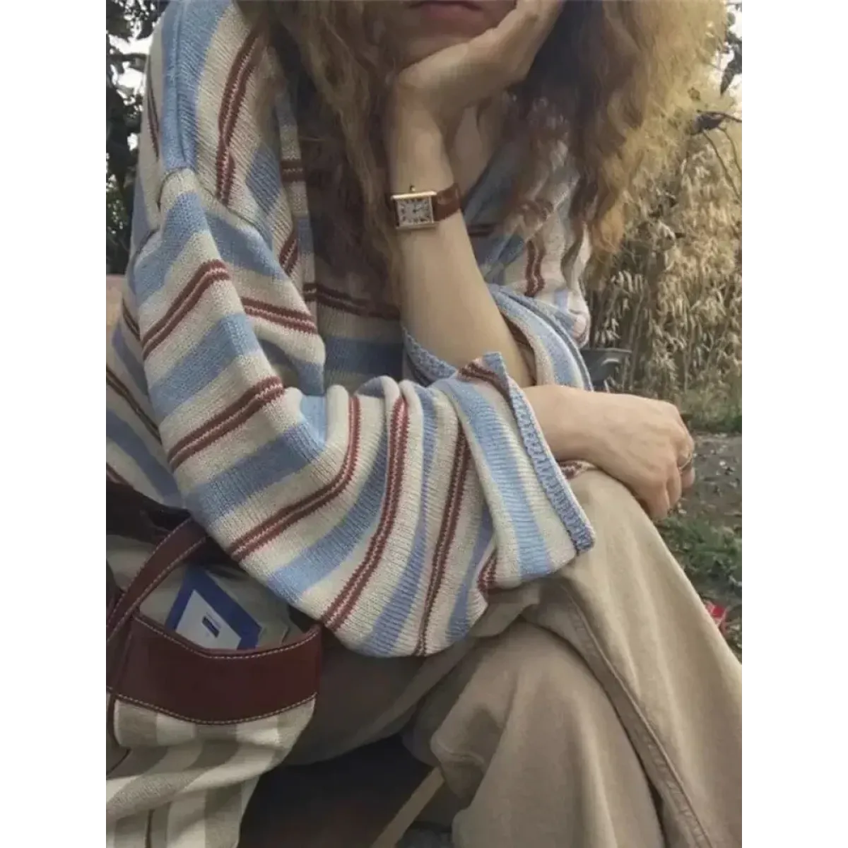 Striped Knit V-Neck Loose Long Sleeve Tee - T-Shirts - Sweater / Pullover - 1