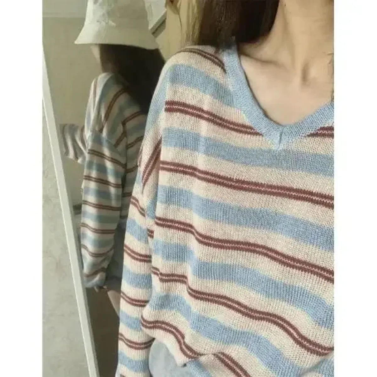 Striped Knit V-Neck Loose Long Sleeve Tee - T-Shirts - Sweater / Pullover - 2