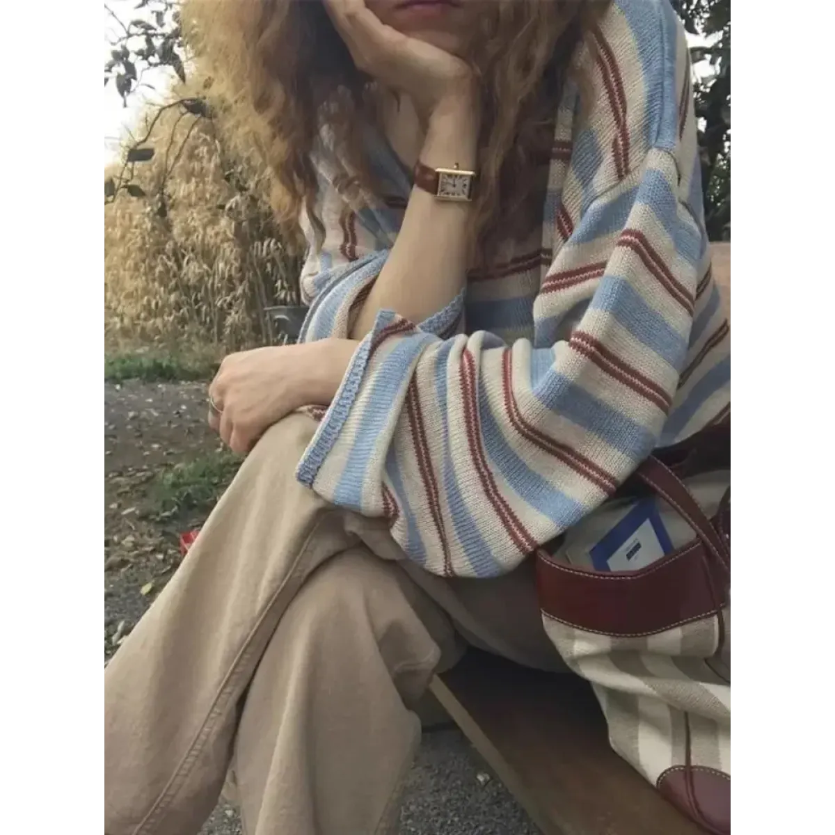 Striped Knit V-Neck Loose Long Sleeve Tee - T-Shirts - Sweater / Pullover - 3