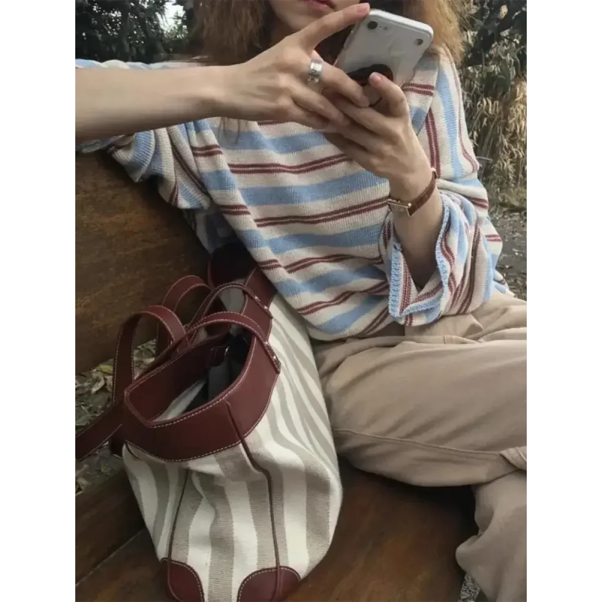 Striped Knit V-Neck Loose Long Sleeve Tee - T-Shirts - Sweater / Pullover - 4