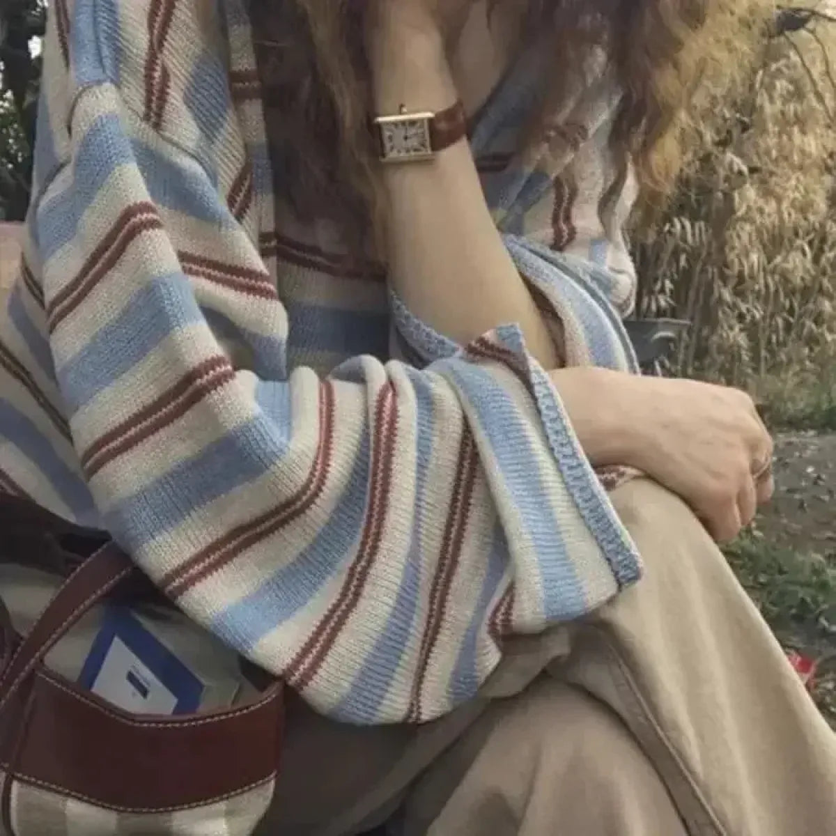 Striped Knit V-Neck Loose Long Sleeve Tee - T-Shirts - Sweater / Pullover - 6