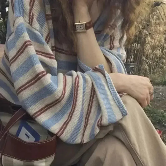 Striped Knit V-Neck Loose Long Sleeve Tee - T-Shirts - Sweater / Pullover - 6