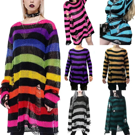 Striped Ripped Knit Gothic Sweater - Sweaters - Sweater / Pullover - 1
