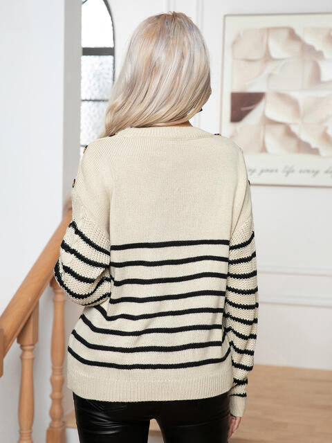 Striped Round Neck Cable-Knit Sweater - Sweaters - Shirts & Tops - 2 - 2024