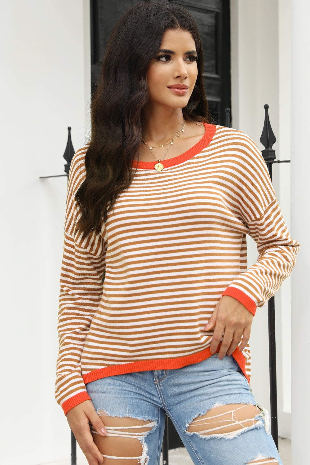 Striped Round Neck Drop Shoulder T-Shirt - T-Shirts - Shirts & Tops - 10 - 2024