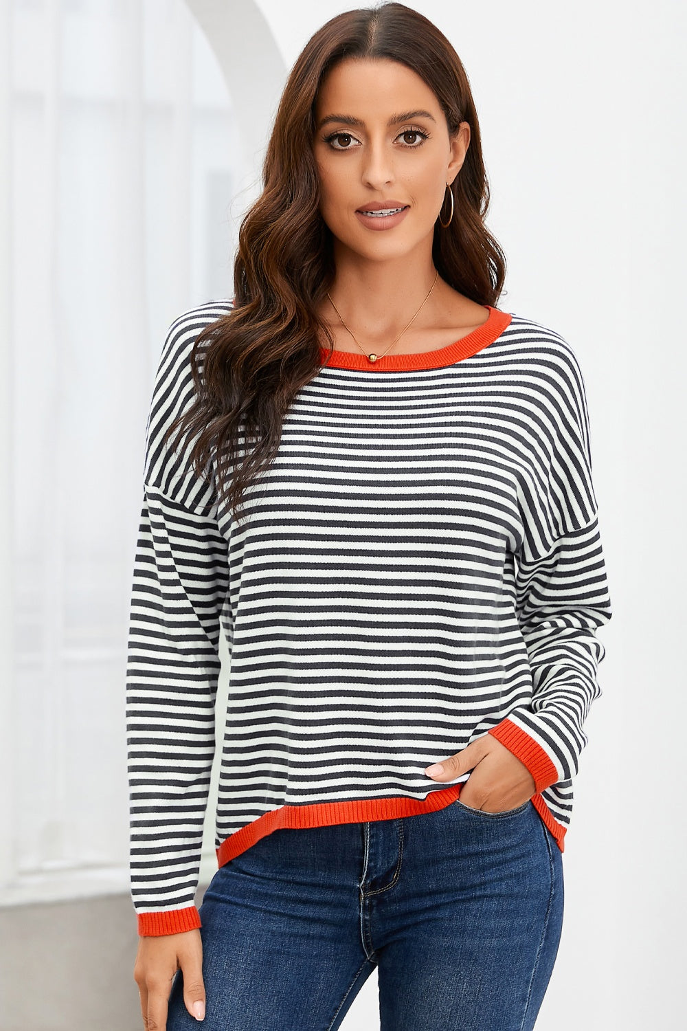 Striped Round Neck Drop Shoulder T-Shirt - T-Shirts - Shirts & Tops - 12 - 2024