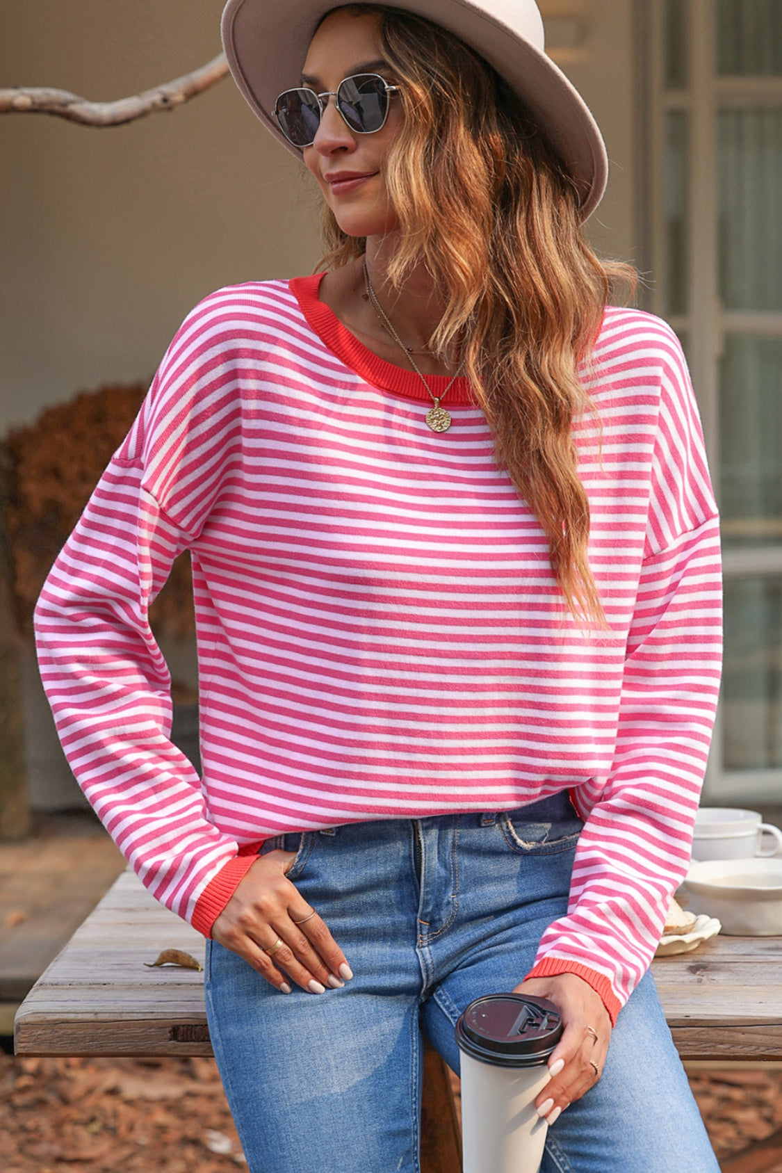 Striped Round Neck Drop Shoulder T-Shirt - Hot Pink / XS - T-Shirts - Shirts & Tops - 17 - 2024