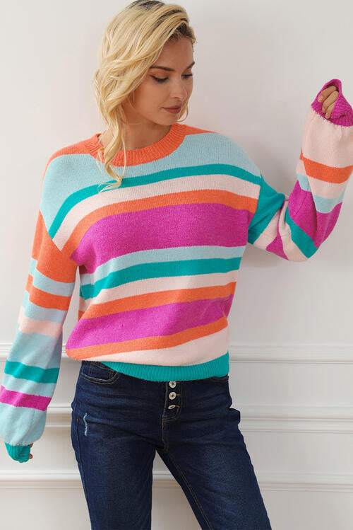 Striped Round Neck Long Sleeve Knit Top - Tops - Shirts & Tops - 3 - 2024