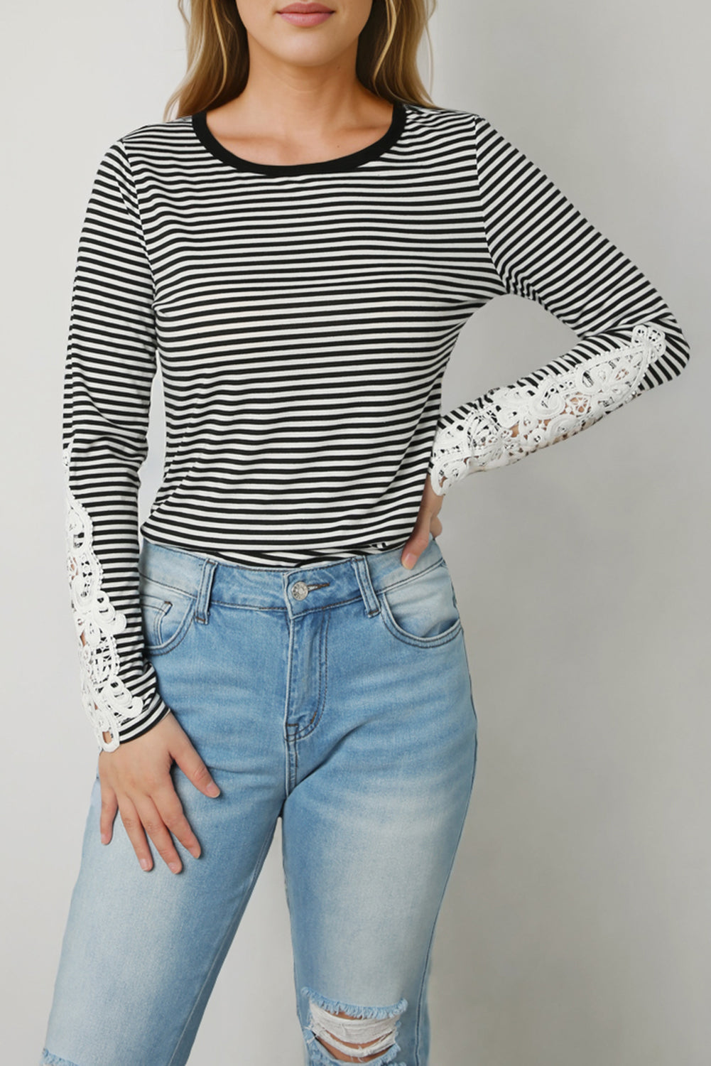 Striped Round Neck Long Sleeve Lace Trim T-Shirt - T-Shirts - Shirts & Tops - 2 - 2024