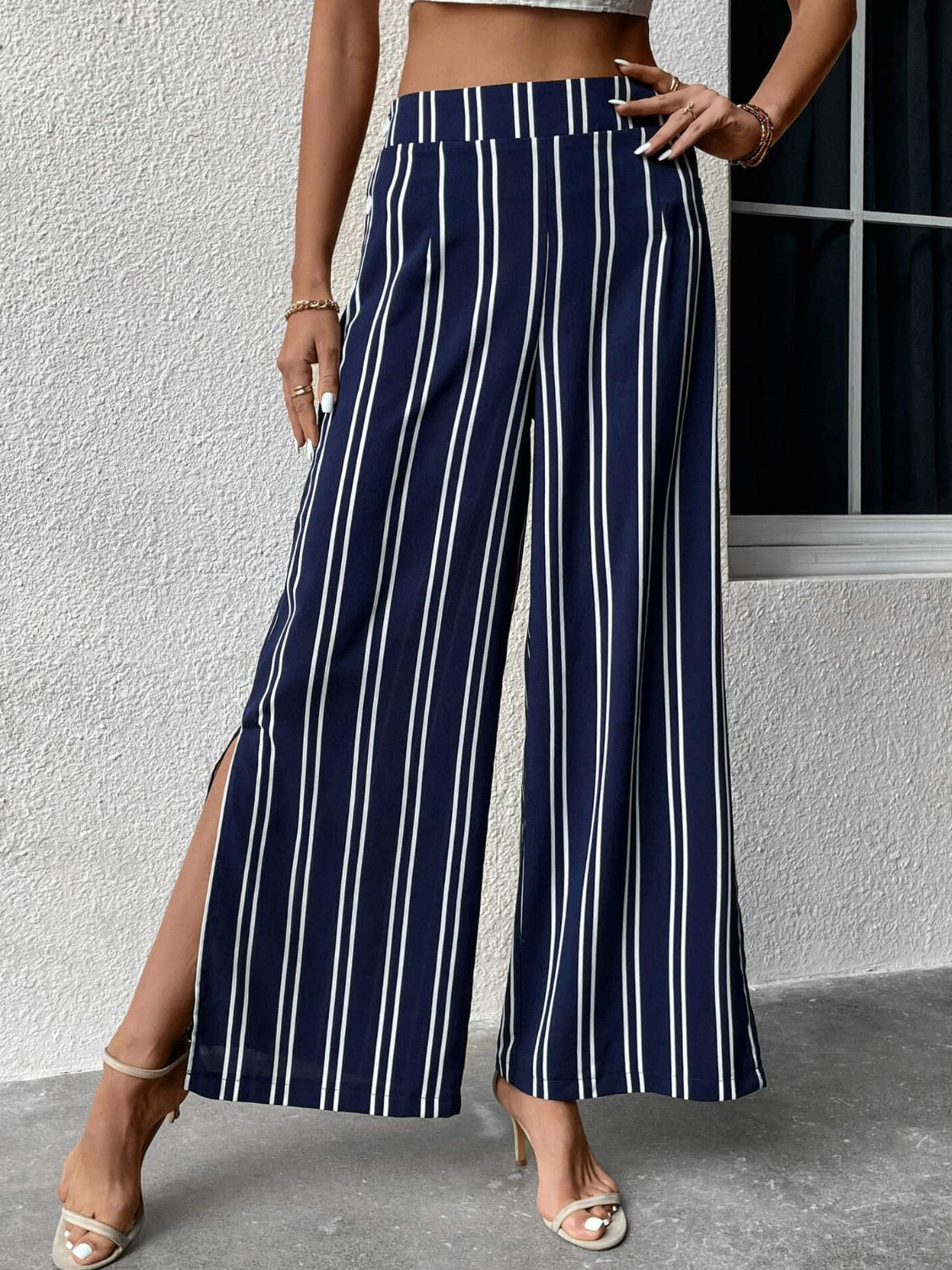 Striped Slit Wide Leg Pants - Dark Blue / S - Bottoms - Pants - 1 - 2024