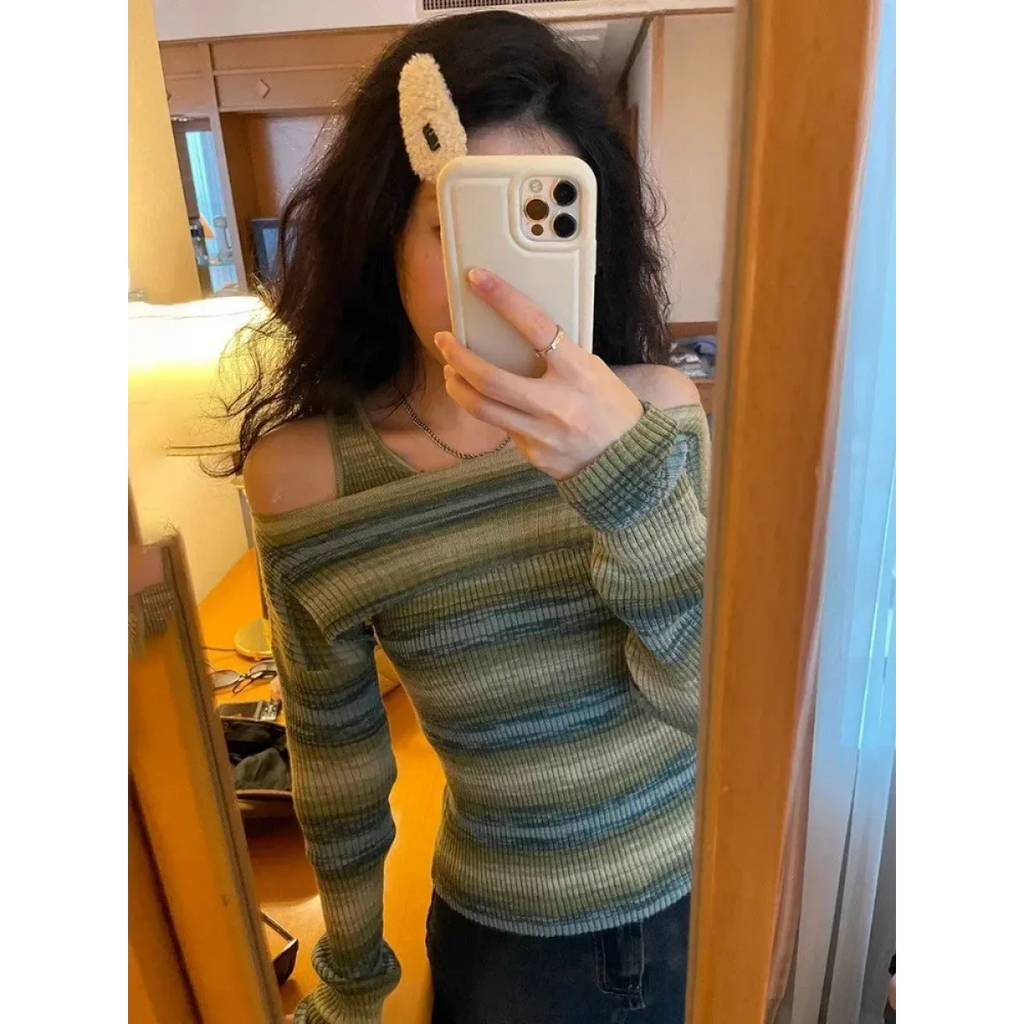 Green Harajuku Off Shoulder Striped Sweater - Sweaters - Sweaters - 1