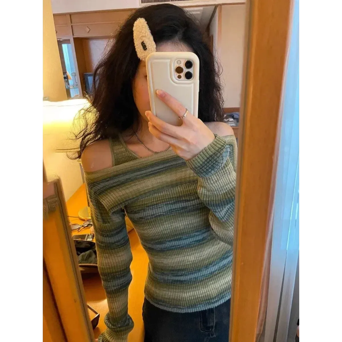 Green Harajuku Off Shoulder Striped Sweater - Sweaters - Sweaters - 1