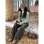 Green Harajuku Off Shoulder Striped Sweater - Sweaters - Sweaters - 2