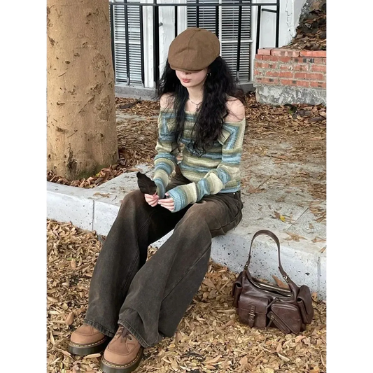 Green Harajuku Off Shoulder Striped Sweater - Sweaters - Sweaters - 2