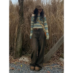 Green Harajuku Off Shoulder Striped Sweater - Sweaters - Sweaters - 3