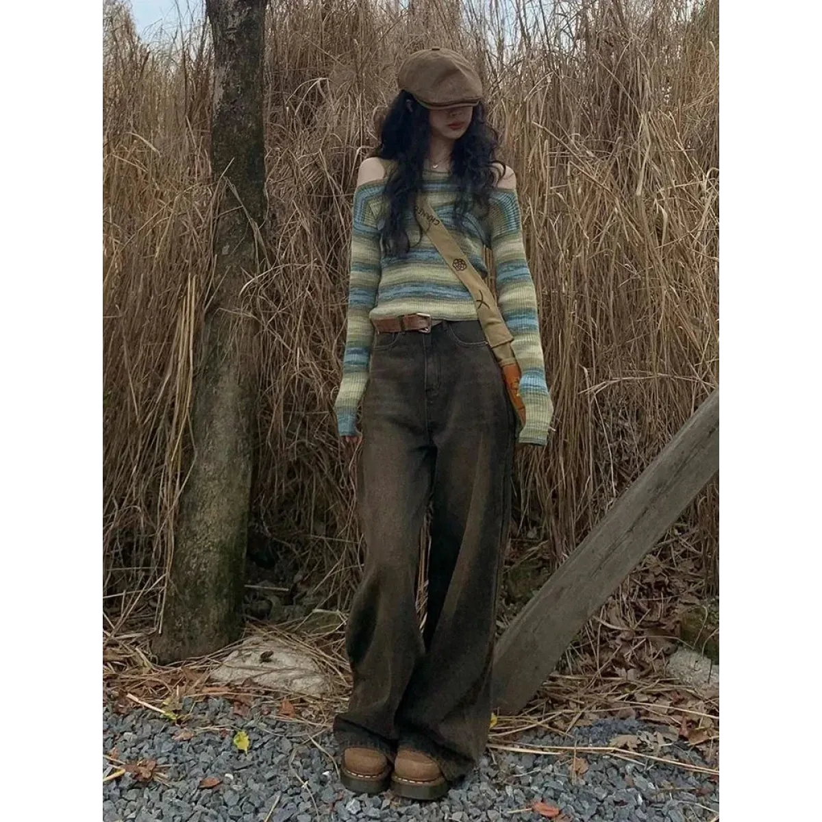 Green Harajuku Off Shoulder Striped Sweater - Sweaters - Sweaters - 3