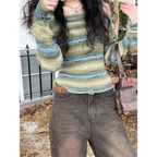 Green Harajuku Off Shoulder Striped Sweater - Sweaters - Sweaters - 4