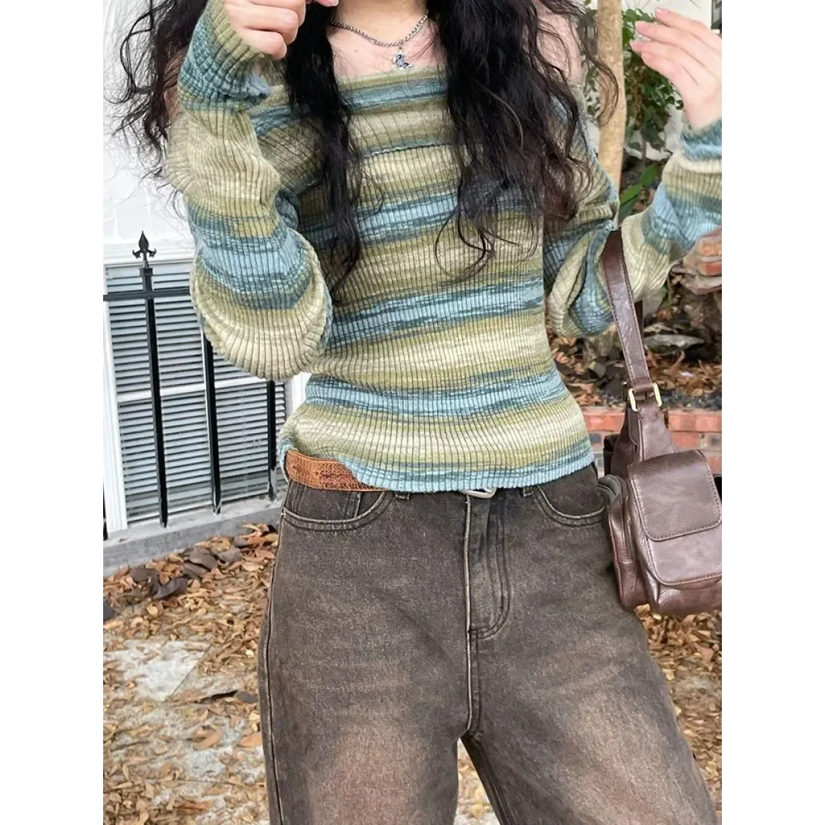 Green Harajuku Off Shoulder Striped Sweater - Sweaters - Sweaters - 4