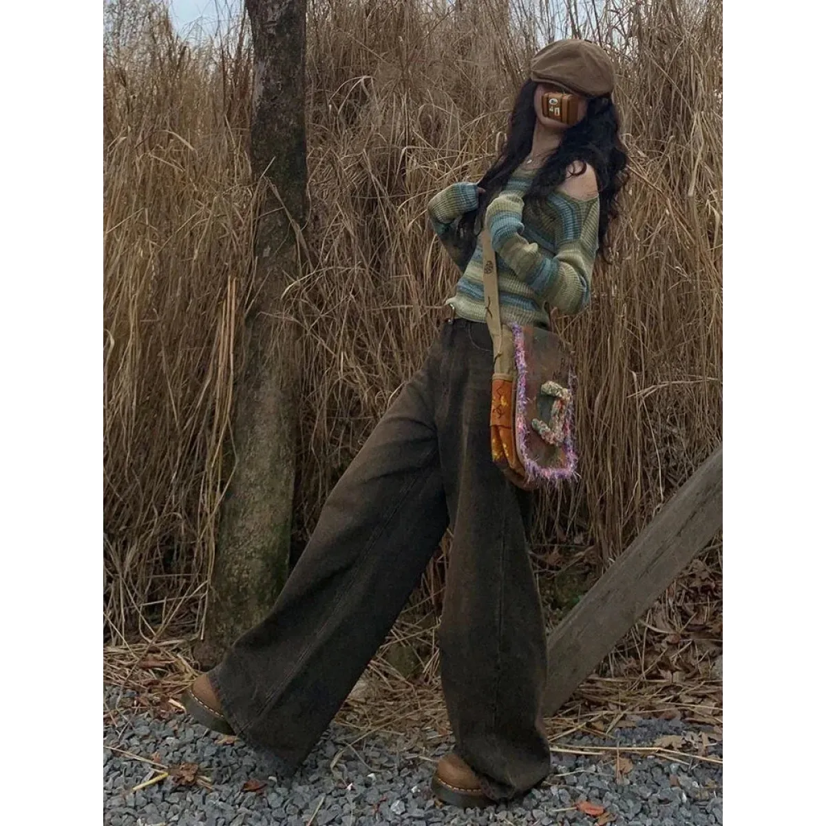 Green Harajuku Off Shoulder Striped Sweater - Sweaters - Sweaters - 5