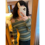 Green Harajuku Off Shoulder Striped Sweater - Sweaters - Sweaters - 6