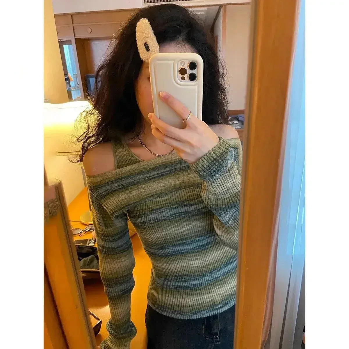 Green Harajuku Off Shoulder Striped Sweater - Sweaters - Sweaters - 7