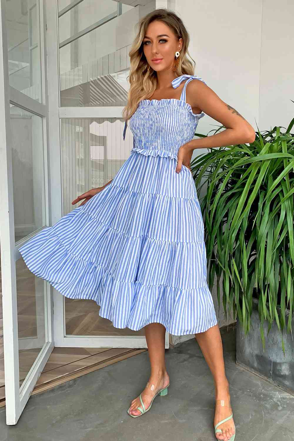 Striped Tie-Shoulder Tiered Dress - Pastel Blue / XS - All Dresses - Dresses - 5 - 2024