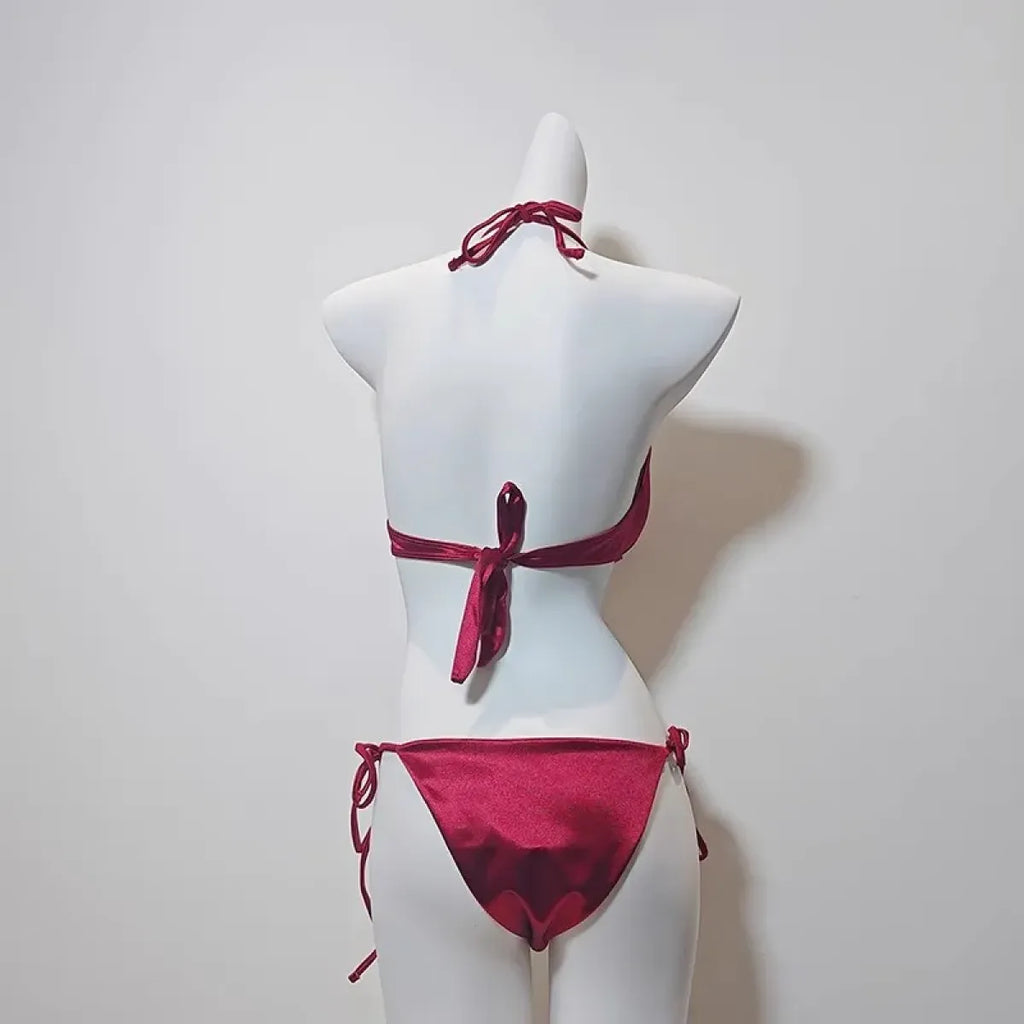 Satin Halter Bikini Set – Korean 3PCS Swimsuit with Skirt - Bottoms - Sleeveless - Swimwear - 3